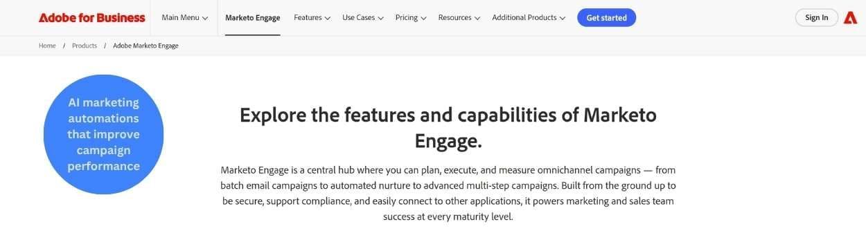 Adobe Marketo Engage platform interface highlighting automated lead management, multi-channel marketing campaigns, and real-time analytics.