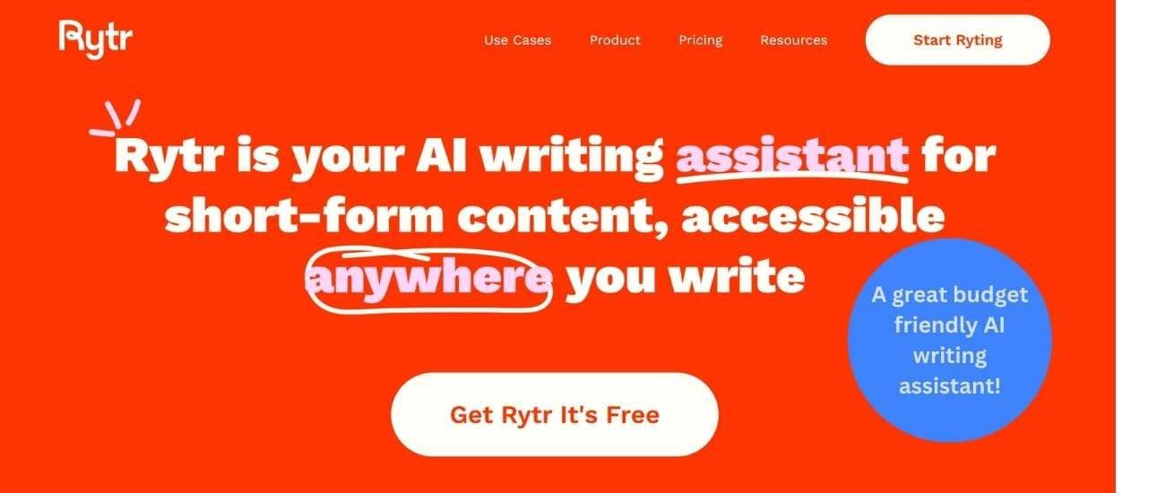 Rytr AI content generation platform interface showing text editor, writing templates, and AI copywriting use cases for business.
