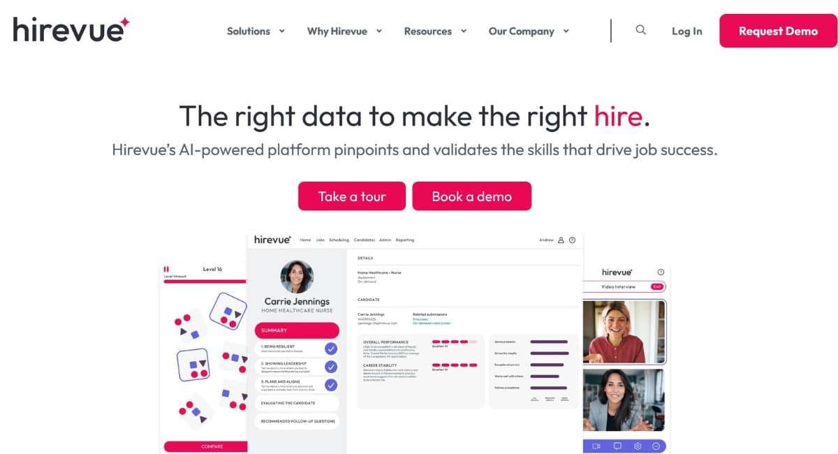 HireVue AI hiring platform interface showing structured video interviews and automated candidate assessment tools to improve hiring quality.