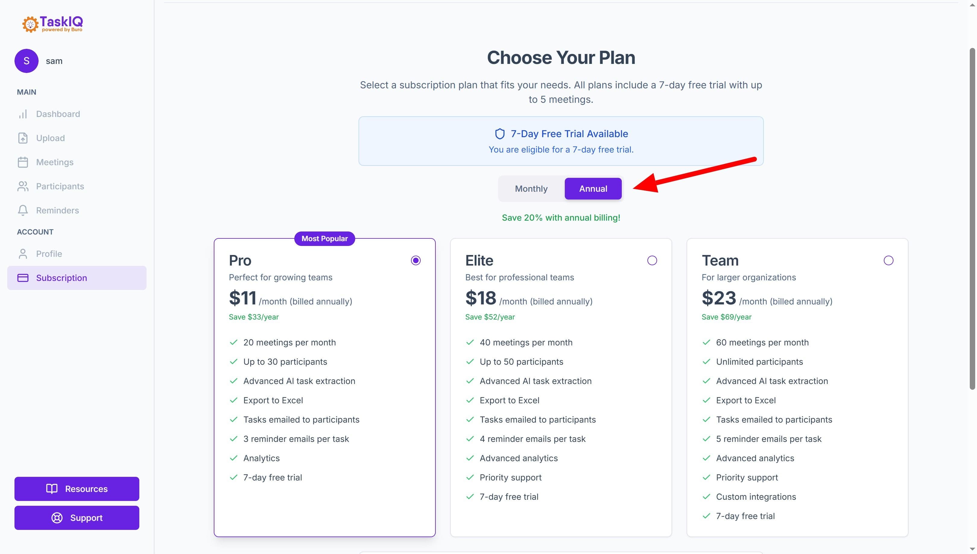 TaskIQ annual billing option
