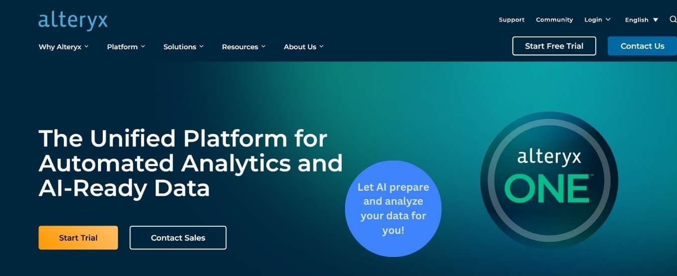 Alteryx unified platform interface featured in Buro's best AI tools guide, showcasing automated analytics and AI-ready data preparation for business.