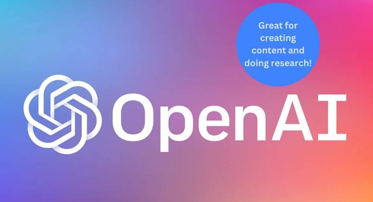 OpenAI logo with research and content creation callout for business productivity and AI workflow automation.
