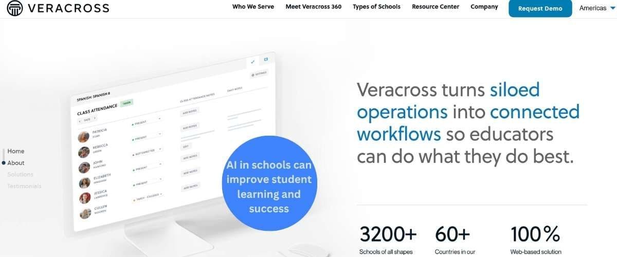 Veracross platform interface showing unified school information systems and AI tools designed to connect workflows for educators.