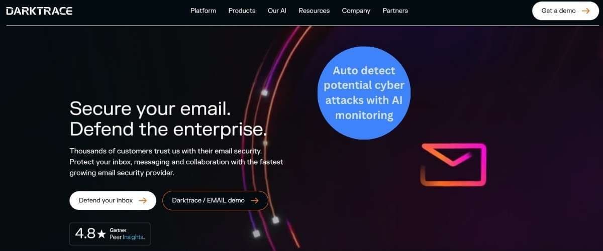 Darktrace AI cybersecurity interface highlighting autonomous email security and real-time monitoring to defend the enterprise from cyber attacks.