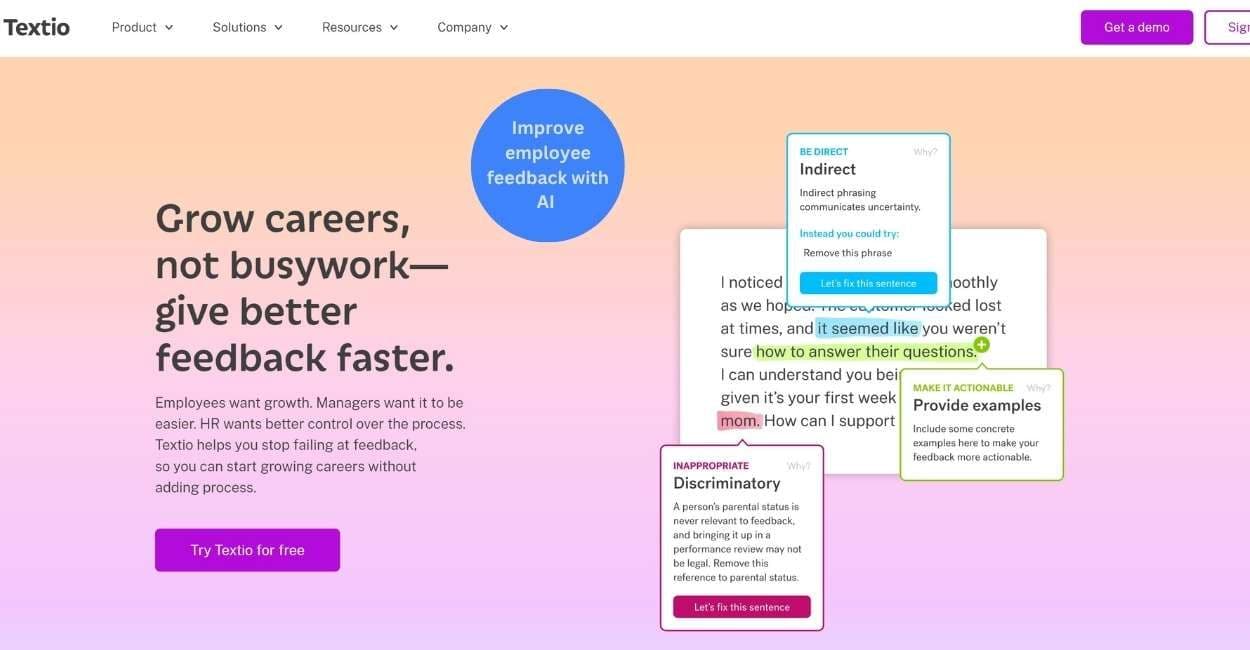 Textio AI platform interface showing automated employee feedback tools and inclusive writing suggestions to improve recruiting and talent retention.