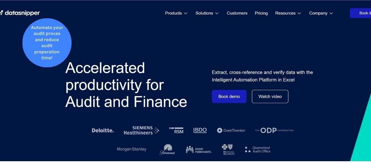 DataSnipper platform interface highlighting accelerated productivity for audit and finance teams through intelligent Excel automation.
