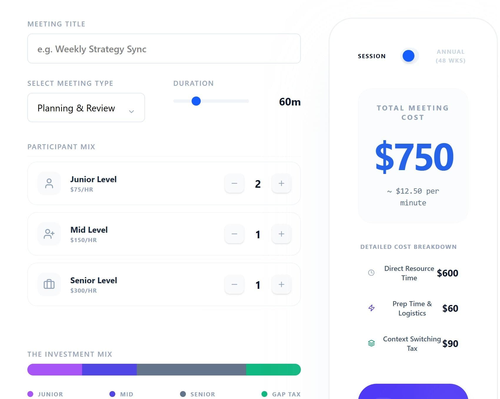 Dashboard view of the Buro Meeting Cost Calculator showing real-time financial impact and team salary mix.