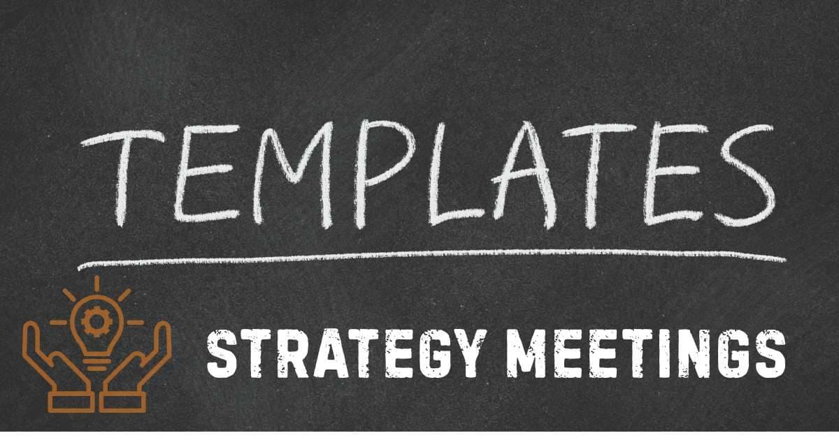 Chalkboard graphic with the text "TEMPLATES" and "STRATEGY MEETINGS" alongside a lightbulb icon held by hands, representing ideation and planning.